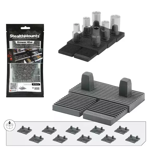 Stealth Mounts Drawer Hive, hylsypidike 1/4" 10kpl - StealthMounts työkalupidikkeet - DHSP-14-SK-10 - 1